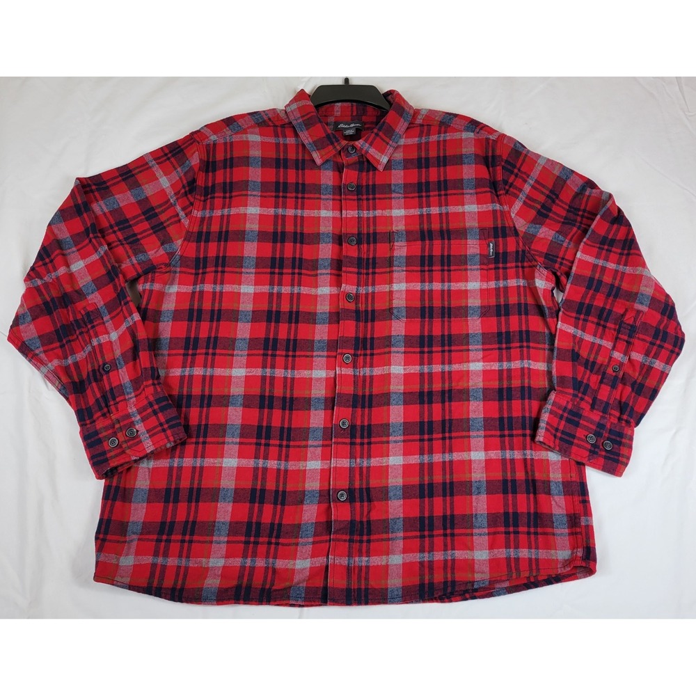 Eddie Bauer Mens Red Blue Plaid Flannel Long Sleeve Button‎ Up Shirt XXL